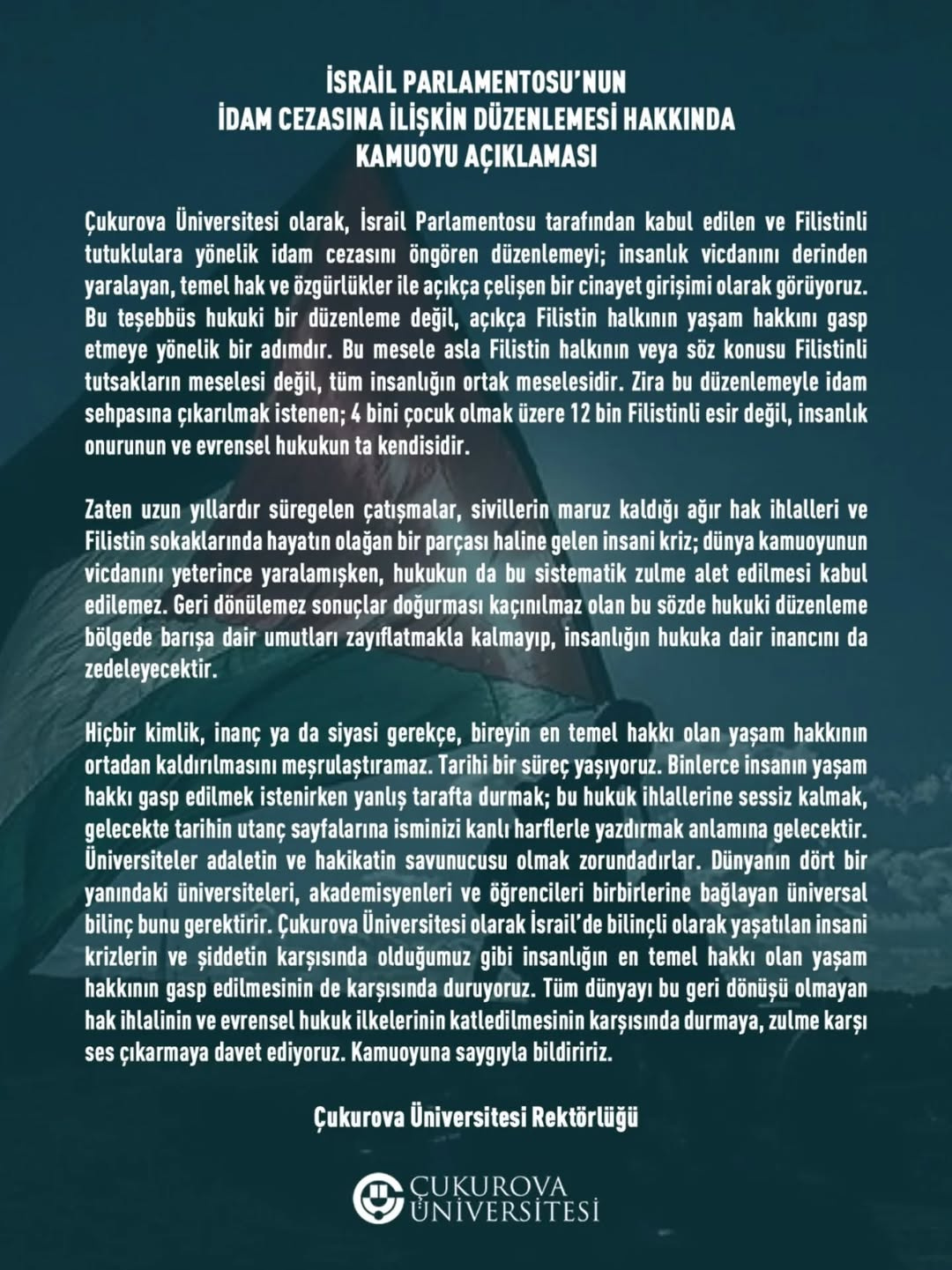 REKTÖRLÜĞÜMÜZÜN İSRAİL PARLAMENTOSU'NUN İDAM CEZASINA İLİŞKİN DÜZENLEMESİ HAKKINDA KAMUOYU AÇIKLAMASI