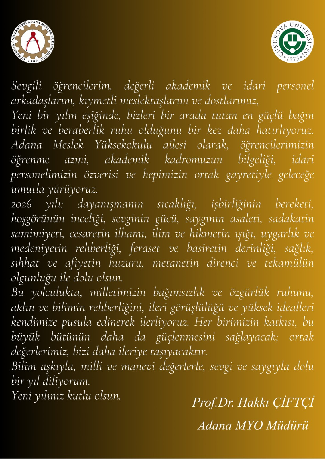 MESLEK YÜKSEKOKULU MÜDÜRÜMÜZÜN YENİ YIL MESAJI