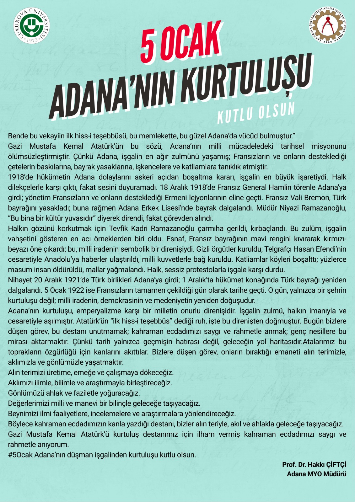 MESLEK YÜKSEKOKULU MÜDÜRÜMÜZÜN ADANANIN KURTULUŞ GÜNÜNE DAİR MESAJI