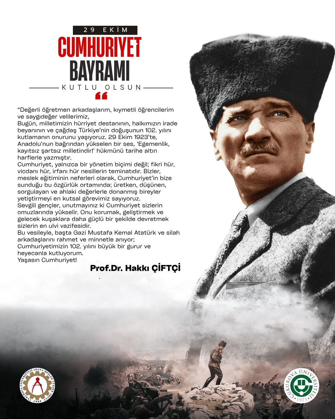 Cumhuriyetimizin 102. Yılına Dair Adana Meslek Yüksekokulu Müdürümüzün Mesajı